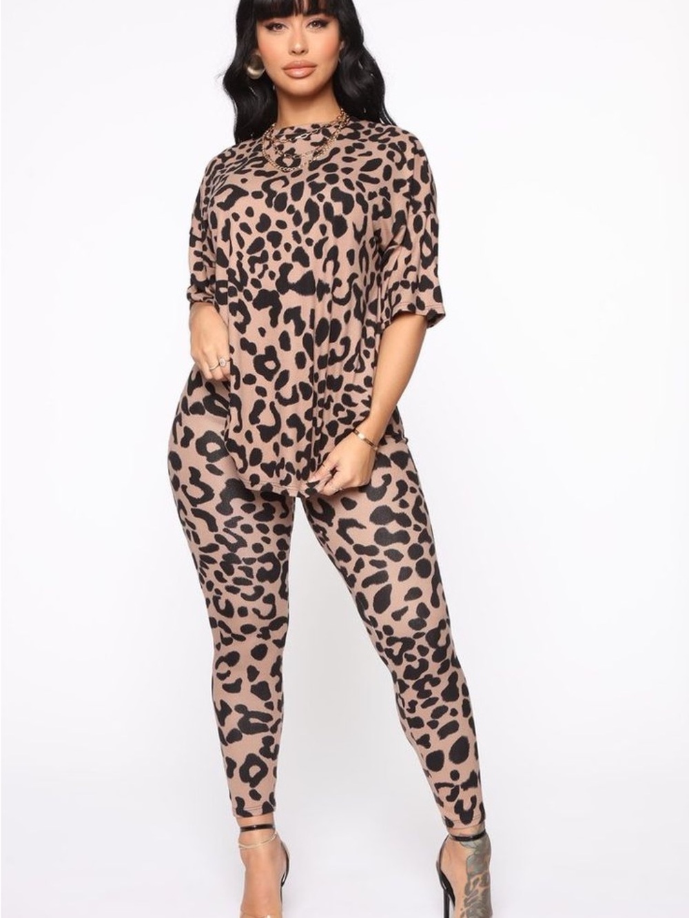 Leopard long sleeve Print Knit Jumpsuit Set - Taupe & Black